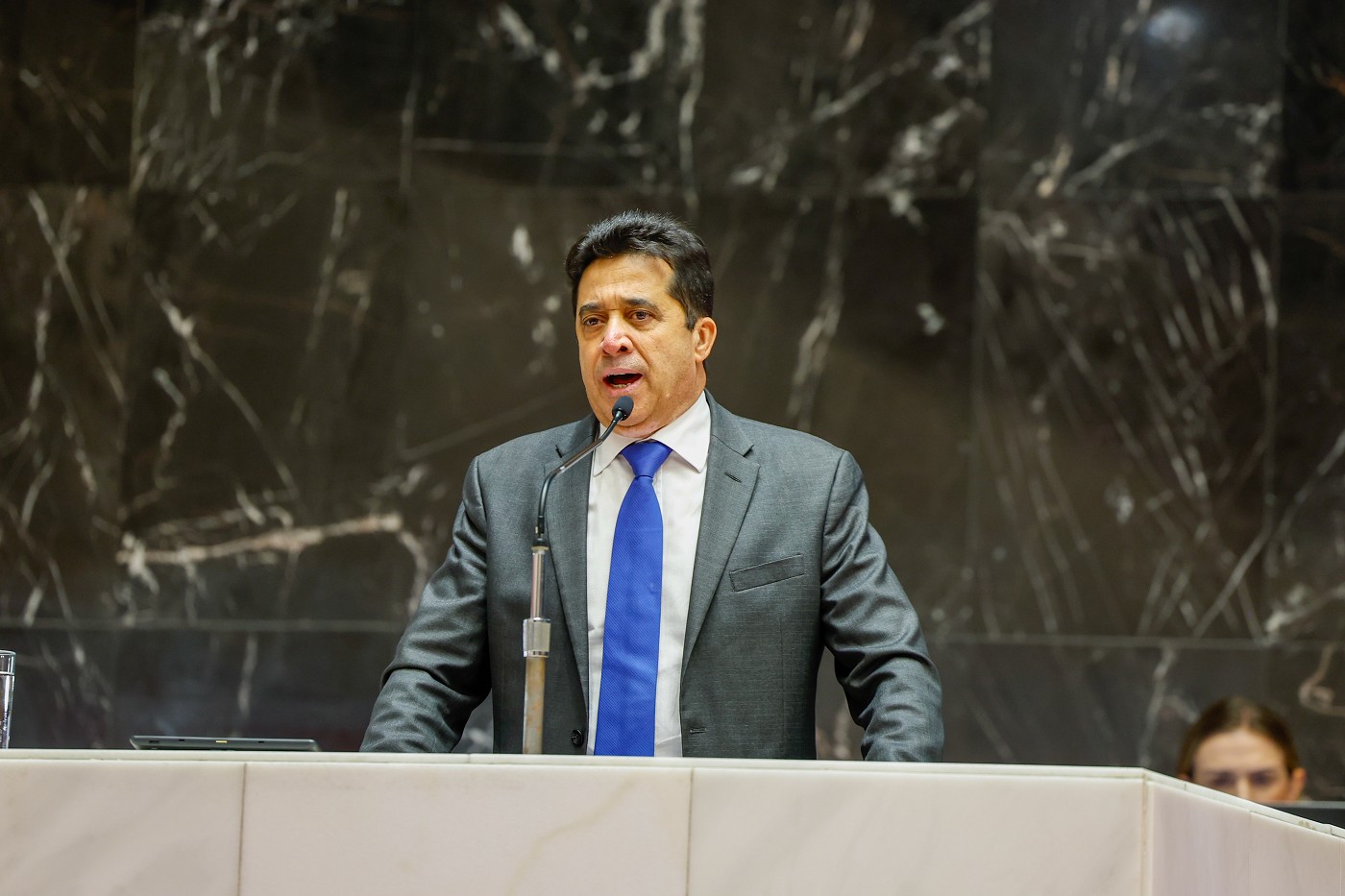 Deputado Sargento Rodrigues, de terno cinza e gravata azul, discursa na tribuna do plenário da ALMG diante de parede de mármore escuro