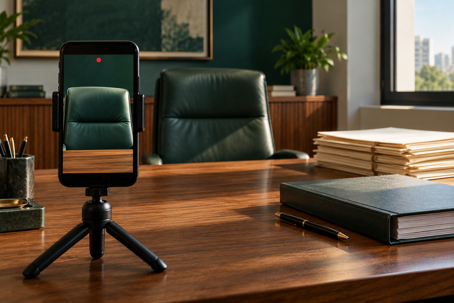 Ilustração gerada por IA: smartphone em tripé filma uma cadeira verde vazia, com pastas e um caderno sobre a mesa de um gabinete fictício