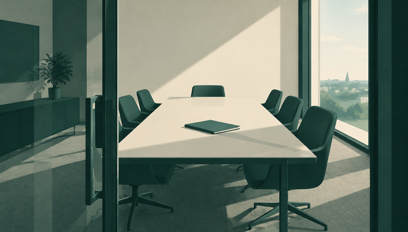 Ilustração conceitual gerada por IA de sala de reunião vazia vista por porta de vidro, com pasta de documentos sobre a mesa