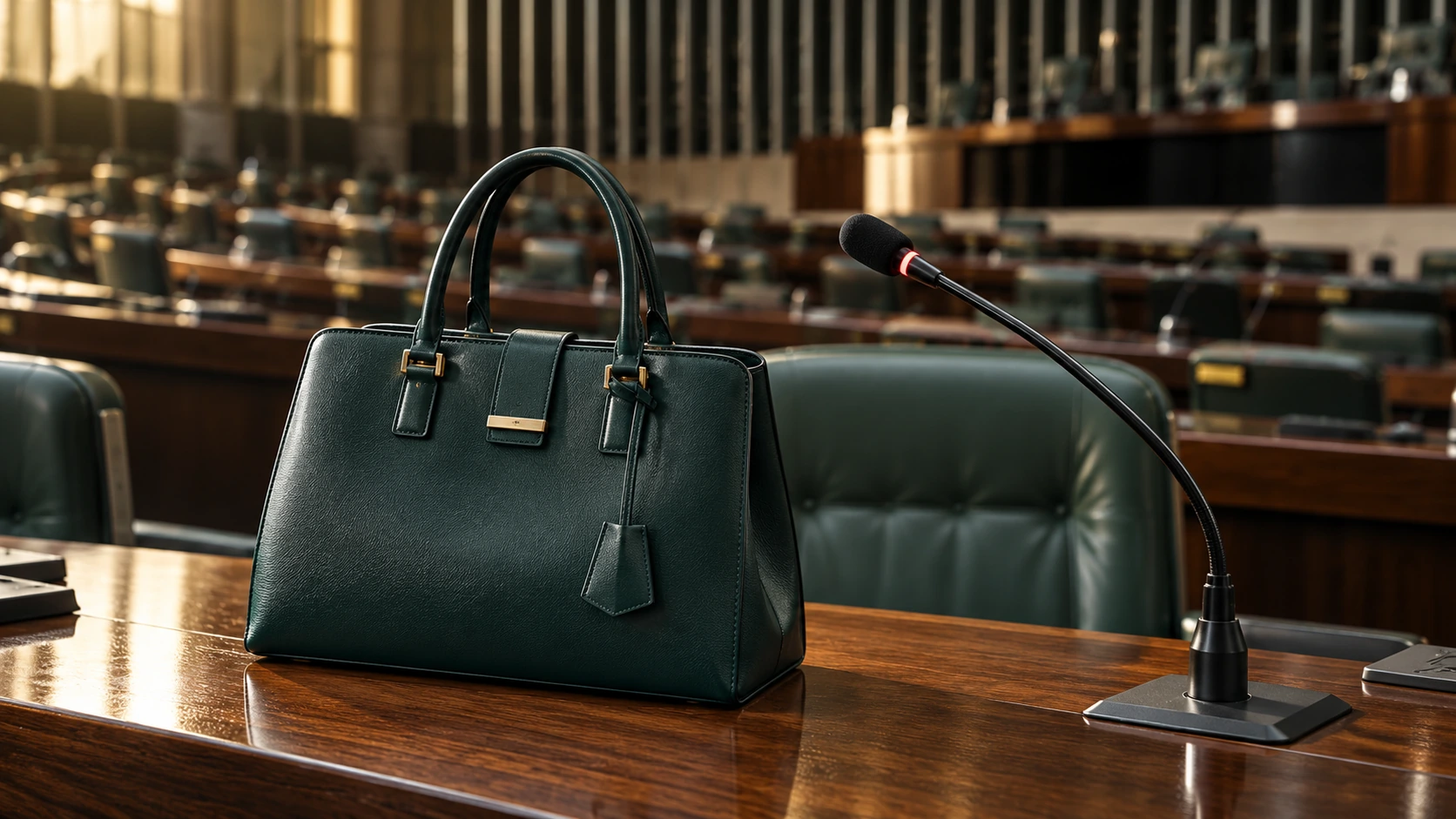 Bolsa feminina verde-petróleo e microfone gooseneck sobre uma mesa de madeira em plenário fictício, em imagem gerada por IA