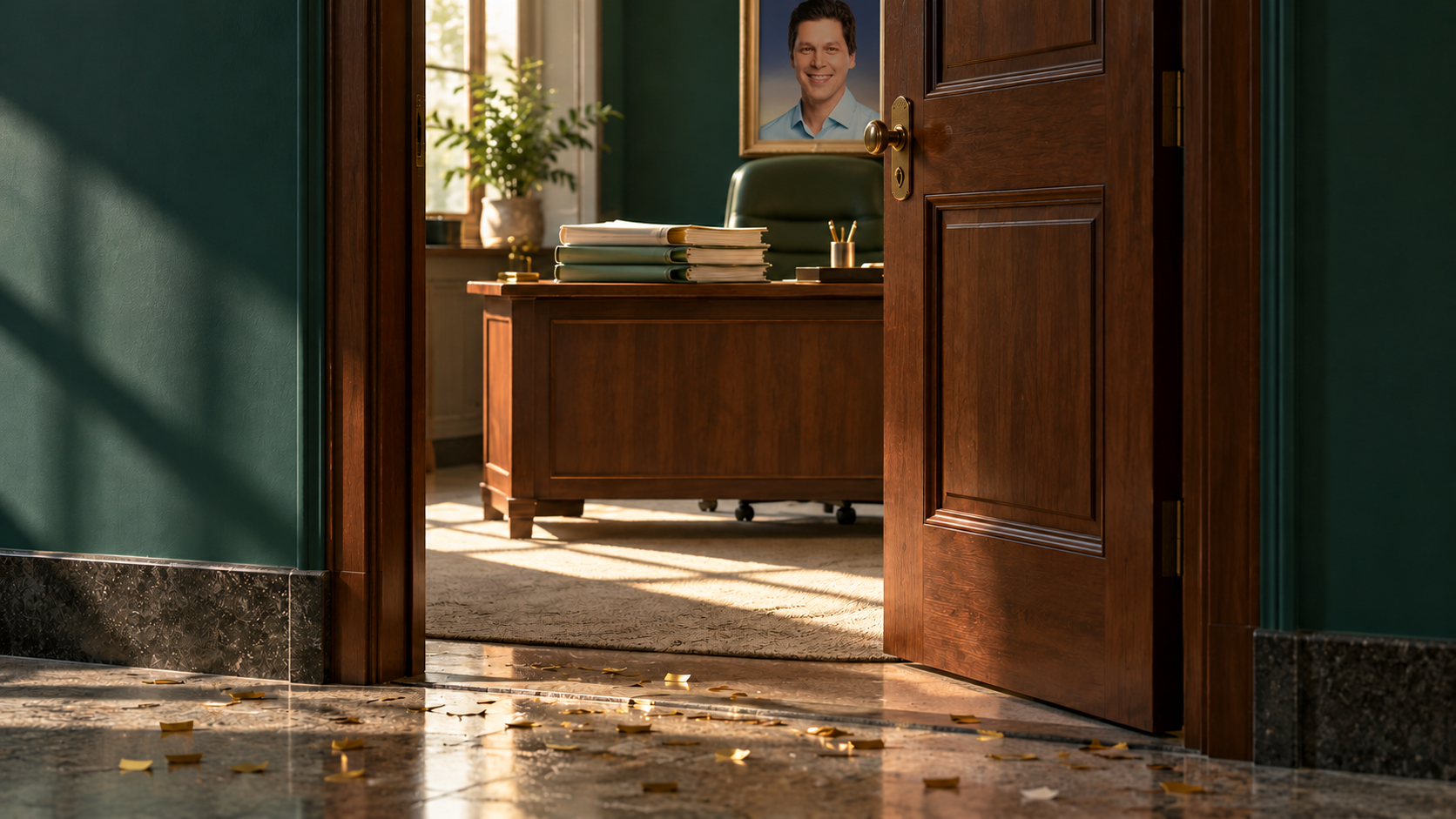 Ilustração gerada por IA de um gabinete com a porta de madeira entreaberta, confetes dourados no chão, pastas empilhadas sobre a mesa e um retrato de Daniel Vilela pendurado na parede