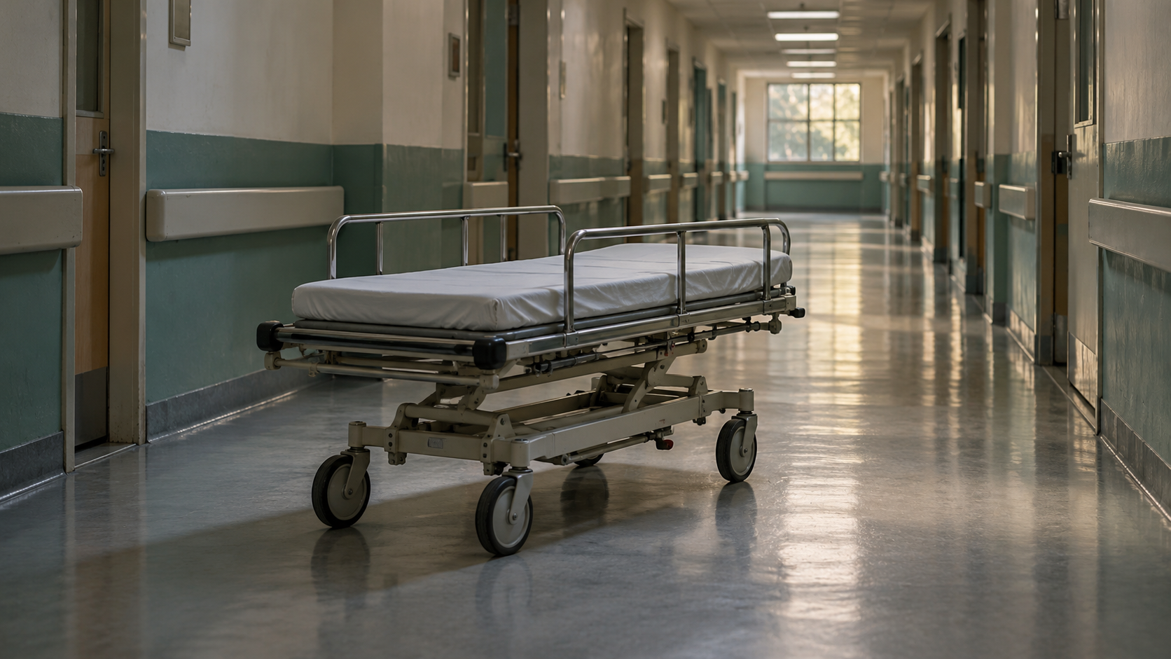 Ilustração gerada por IA de uma maca vazia em corredor hospitalar